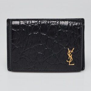 Yves Saint Laurent Black Croc Embossed Patent Leather Card Holder Wallet